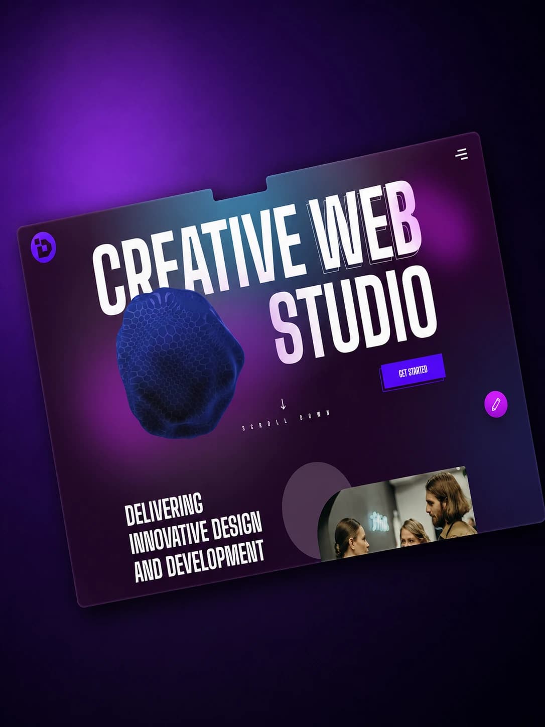 Creative agency website design with layered display typography over a dark purple gradient