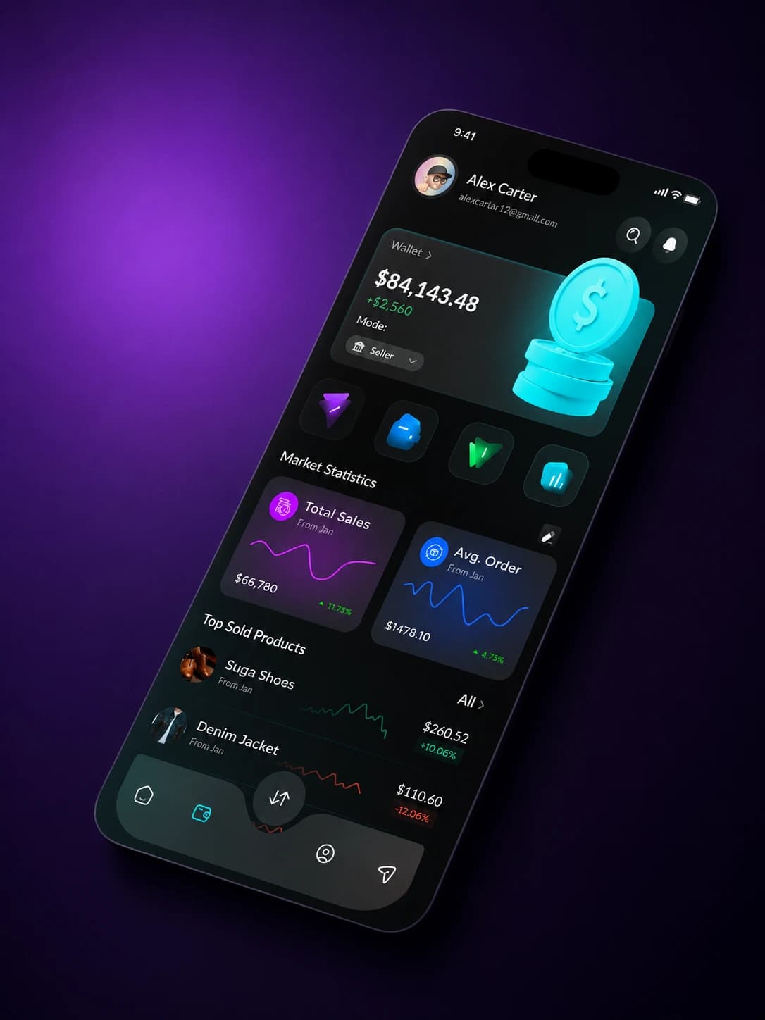 Mobile payments dashboard showing account balance, market statistics and recent transactions
