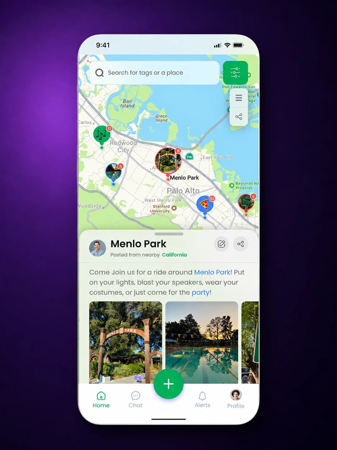 Location-tracking mobile app showing a map of Menlo Park with pinned places and a shared post